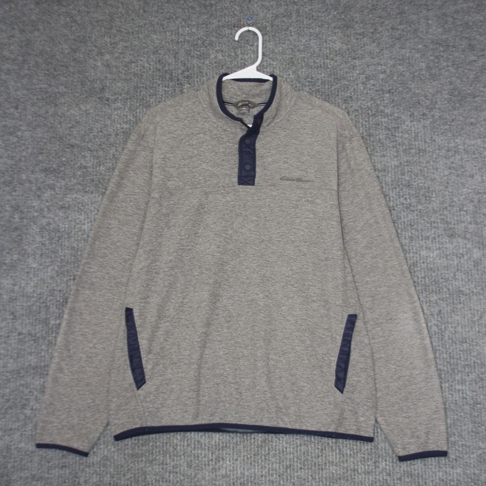 Eddie Bauer Snap Mock Neck Pullover Mens L Gray Fleece Sweatshirt Pocket